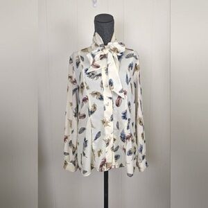Pink Tartan size 6 feather print blouse  tie neck with pearls